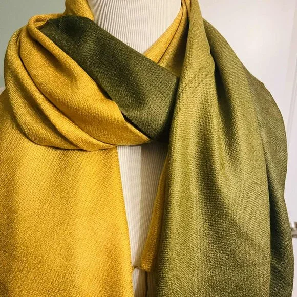 Silk & Pashmina Scarf – Golden Olive Elegance- NWT - Picture 10 of 14